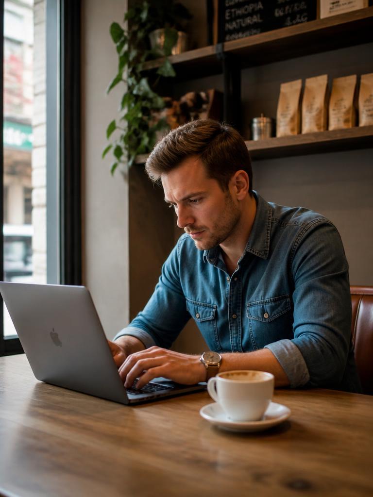 AI Twin example: Denim shirt, laptop and a flat white by the window.