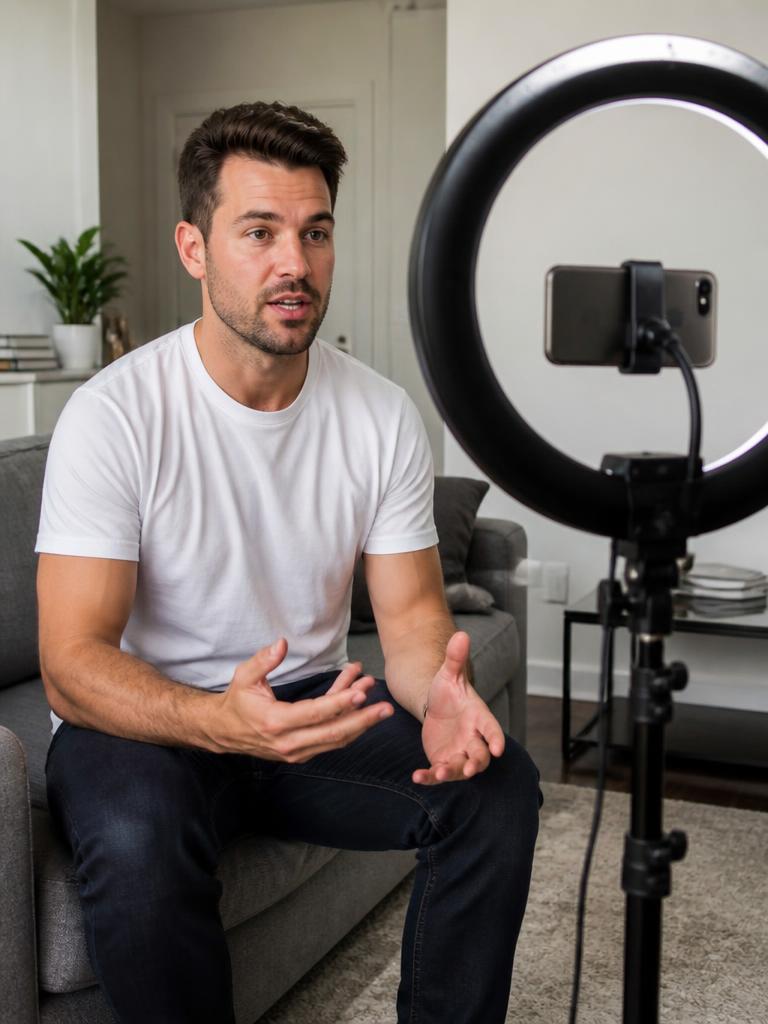 AI Twin example: Ring light, tripod, white tee — everyday creator setup.