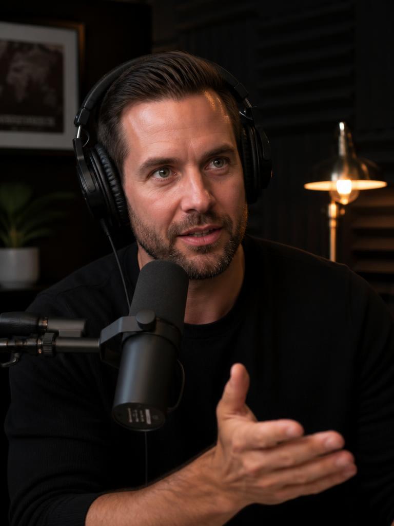 AI Twin example: Dark studio, big mic, mid-conversation.