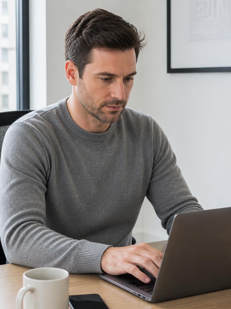 AI Twin example: Grey knit, clean desk, real working focus.