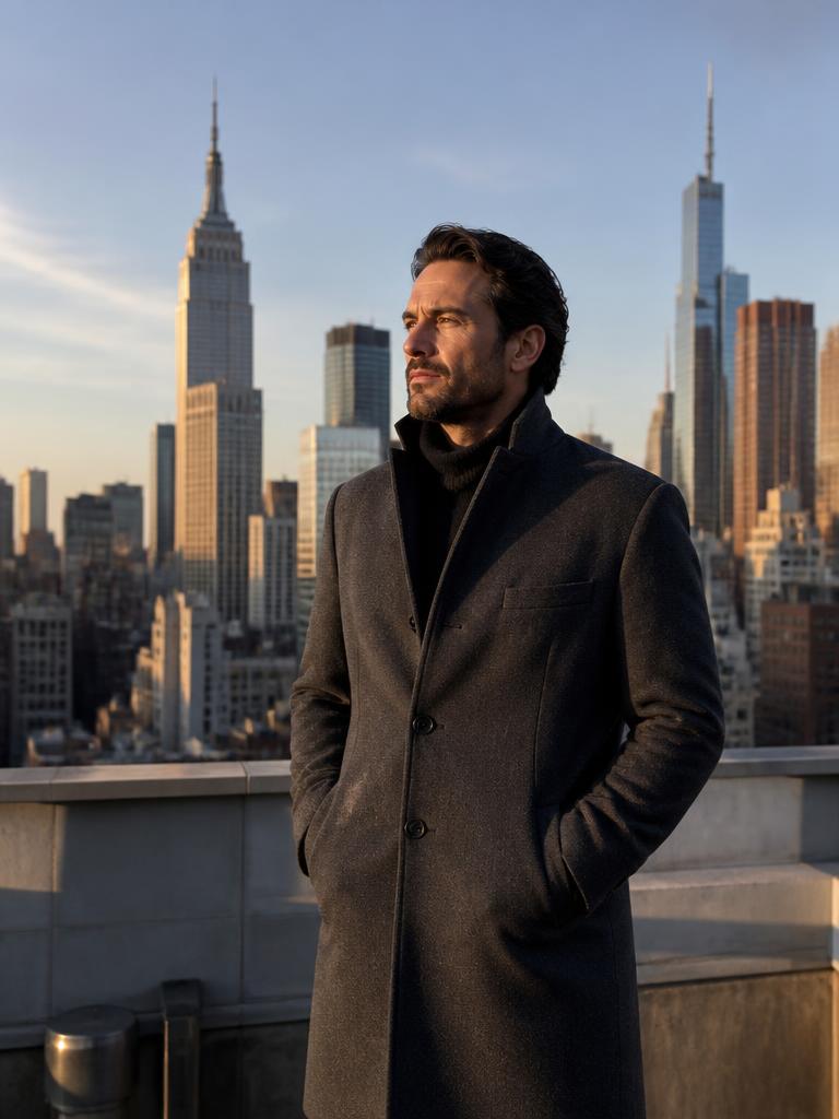AI Twin example: Charcoal overcoat and skyline at golden hour.