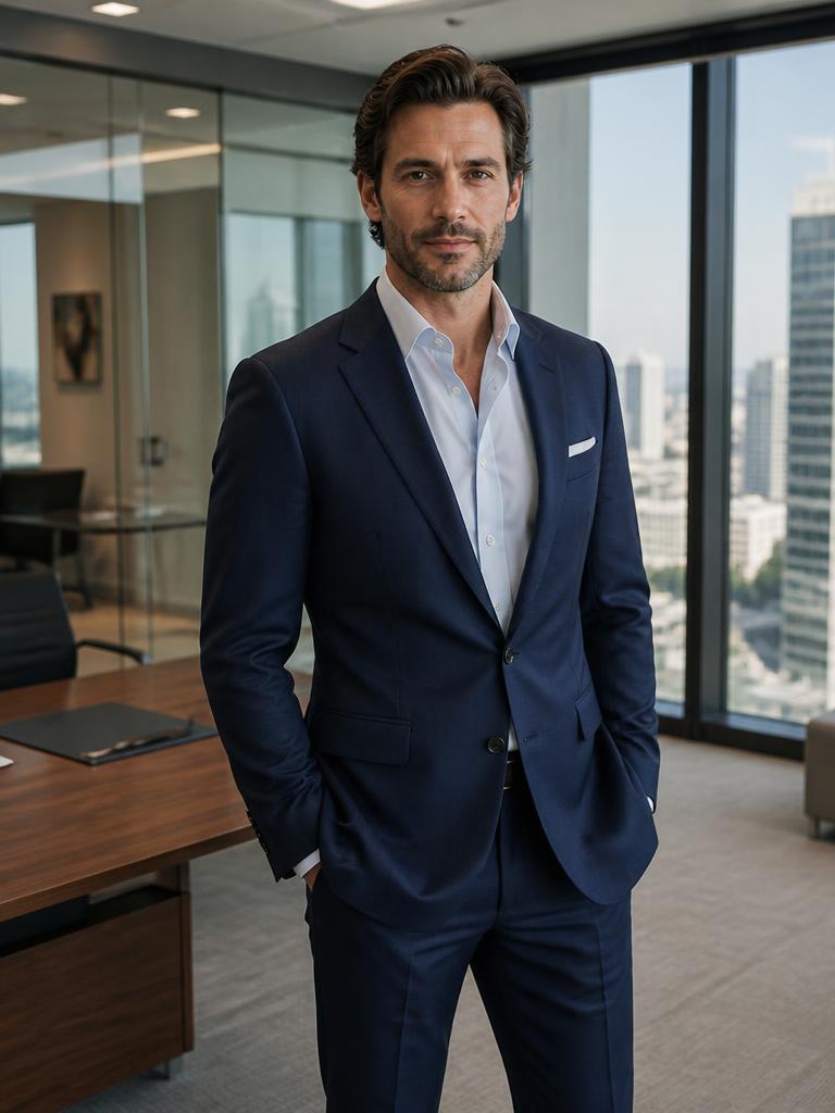 AI Twin example: Navy suit in a glass-walled executive office.