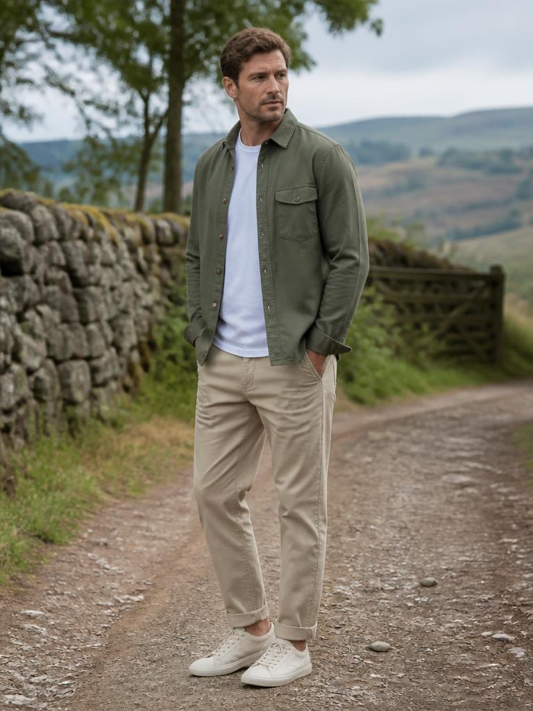AI Twin example: Olive overshirt and chinos on a countryside path.