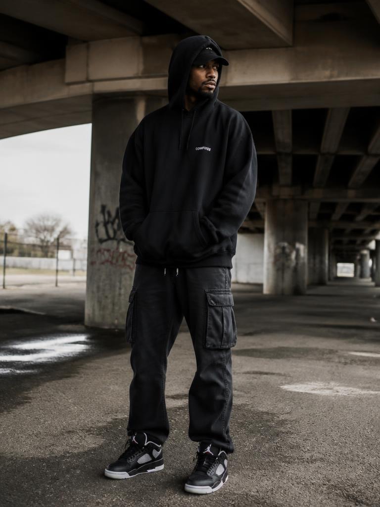 AI Twin example: Hoodie, cargos and sneakers under a concrete underpass.