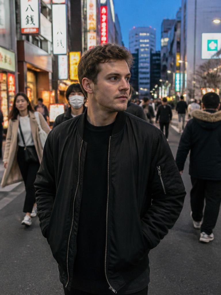 AI Twin example: Bomber jacket in a neon-lit street at dusk.
