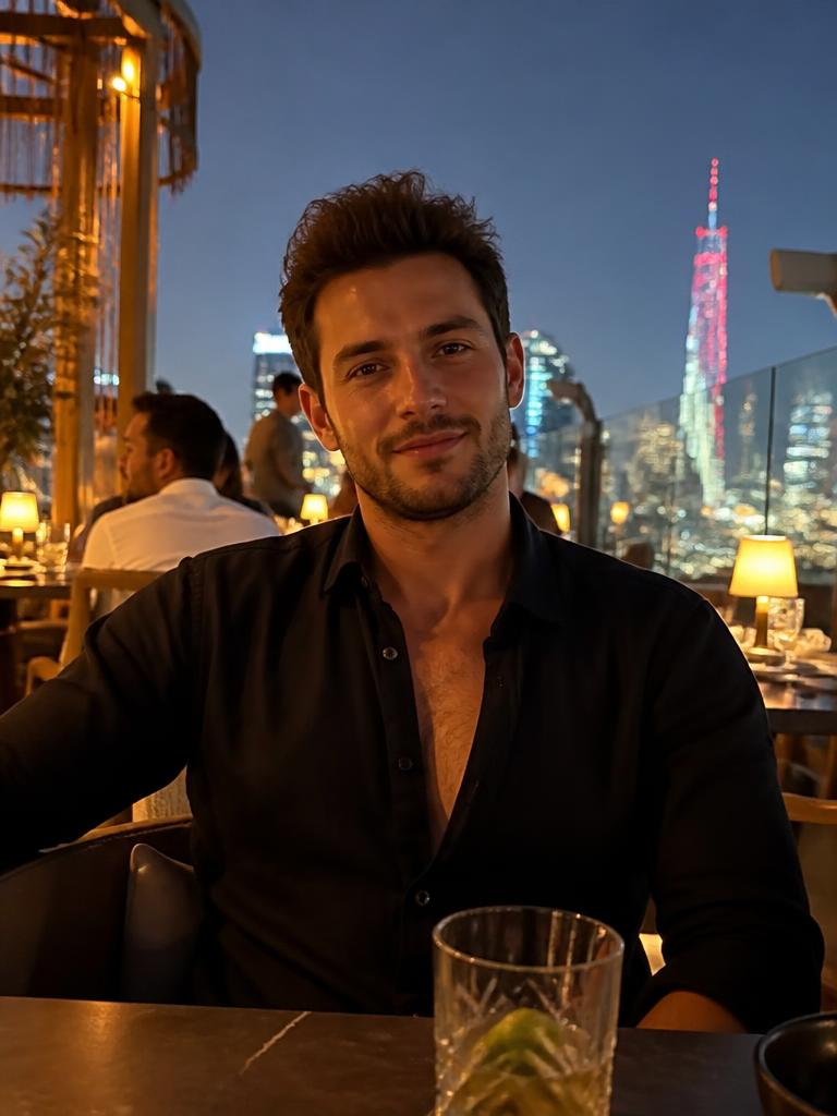 AI Twin example: Black shirt, city lights, evening drink.