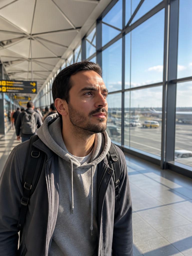 AI Twin example: Backpack and hoodie in a sunlit terminal.