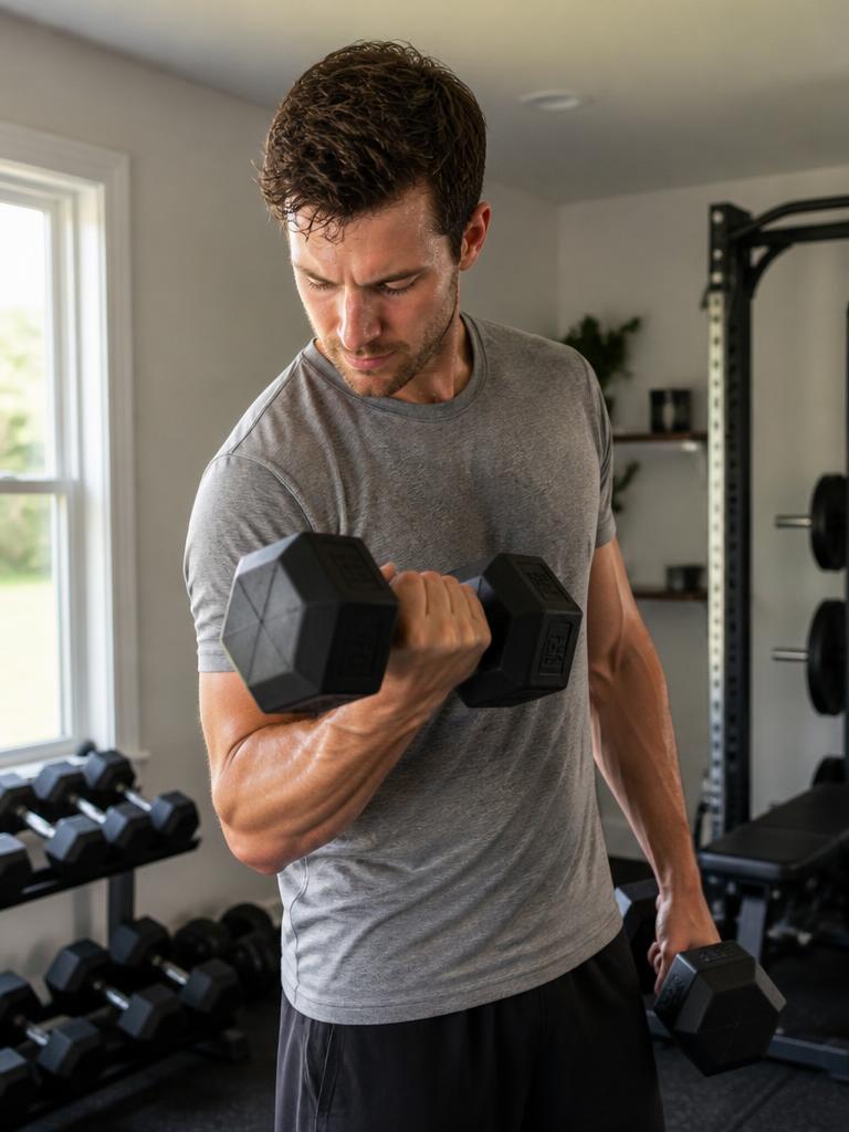 AI Twin example: Dumbbell curl in a bright home gym.