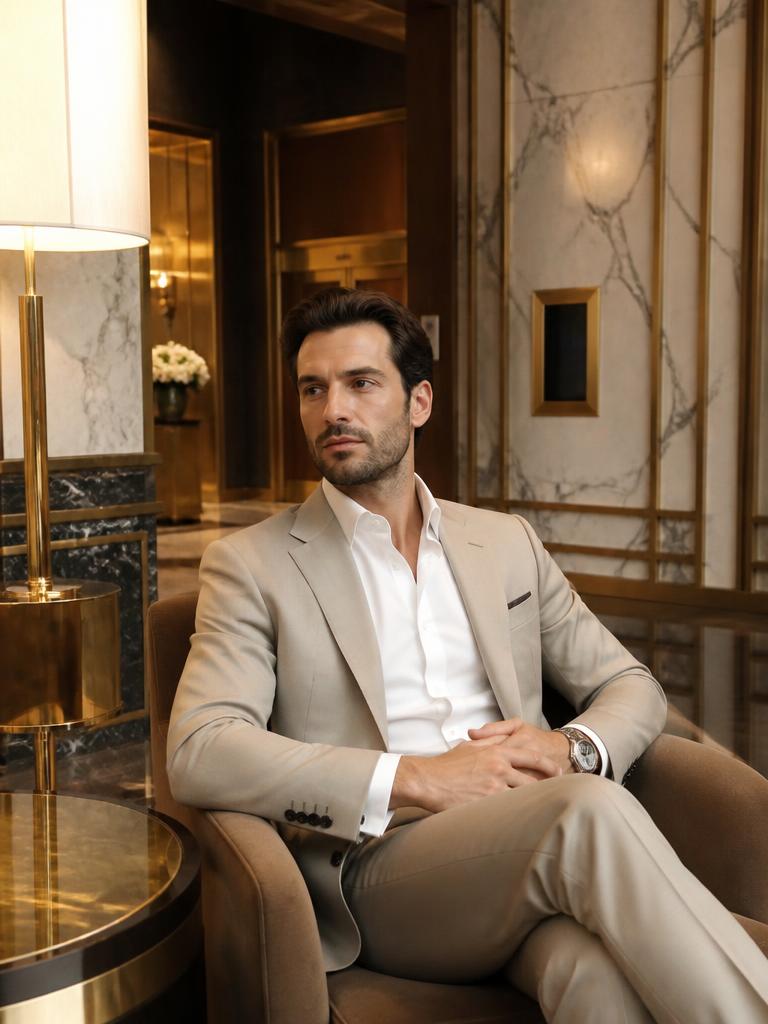 AI Twin example: Beige suit in a marble-and-brass hotel lounge.