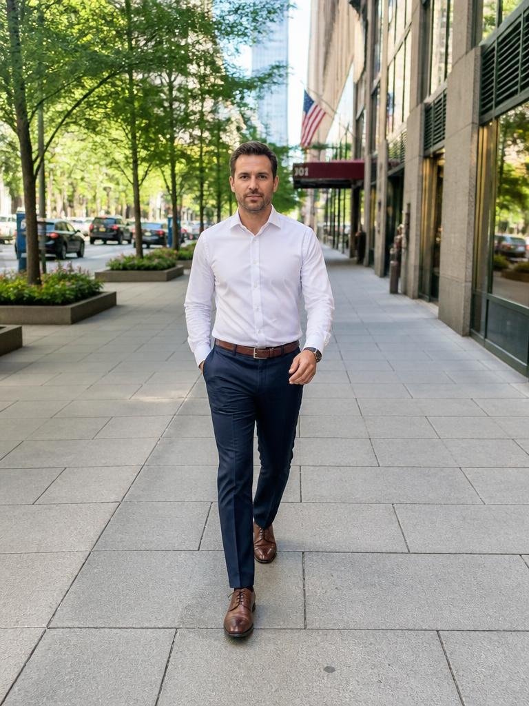 AI Twin example: Full-body business-casual walking shot.