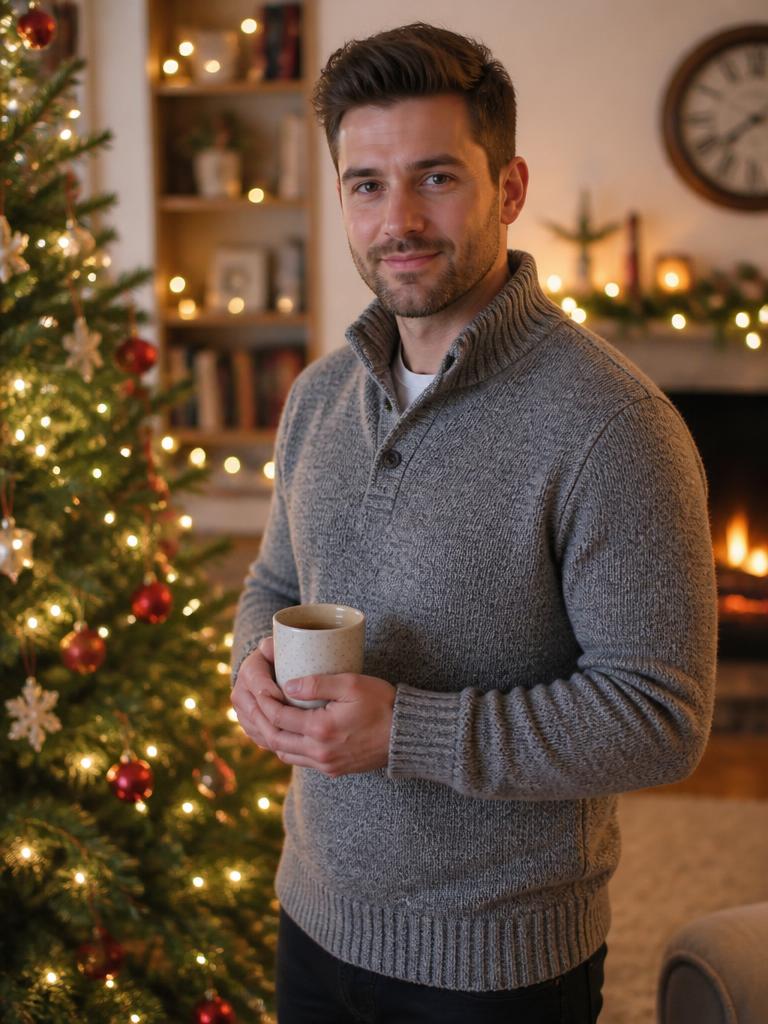 AI Twin example: Grey knit and a warm mug beside the tree.
