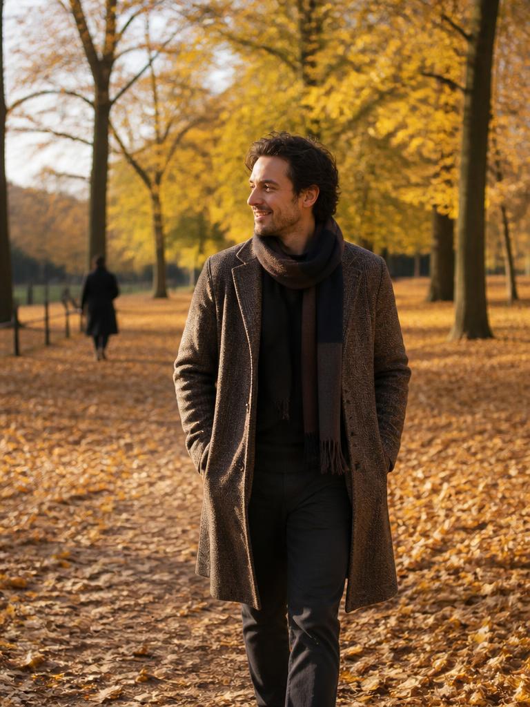 AI Twin example: Wool coat and scarf in golden autumn leaves.