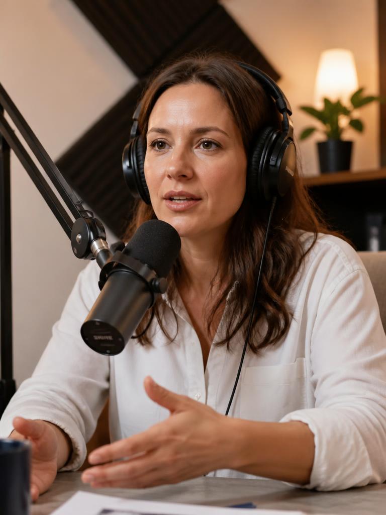 AI Twin example: Headphones on, mid-sentence at the studio mic.