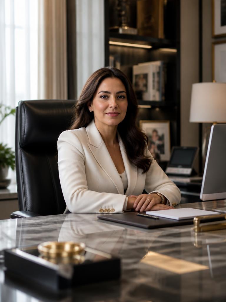 AI Twin example: Seated at a marble executive desk in a cream blazer — quiet authority.