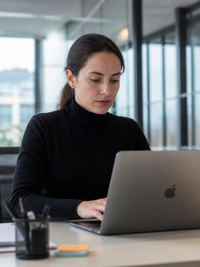 AI Twin example: Focused at a laptop in a glass-walled office — clean corporate energy.