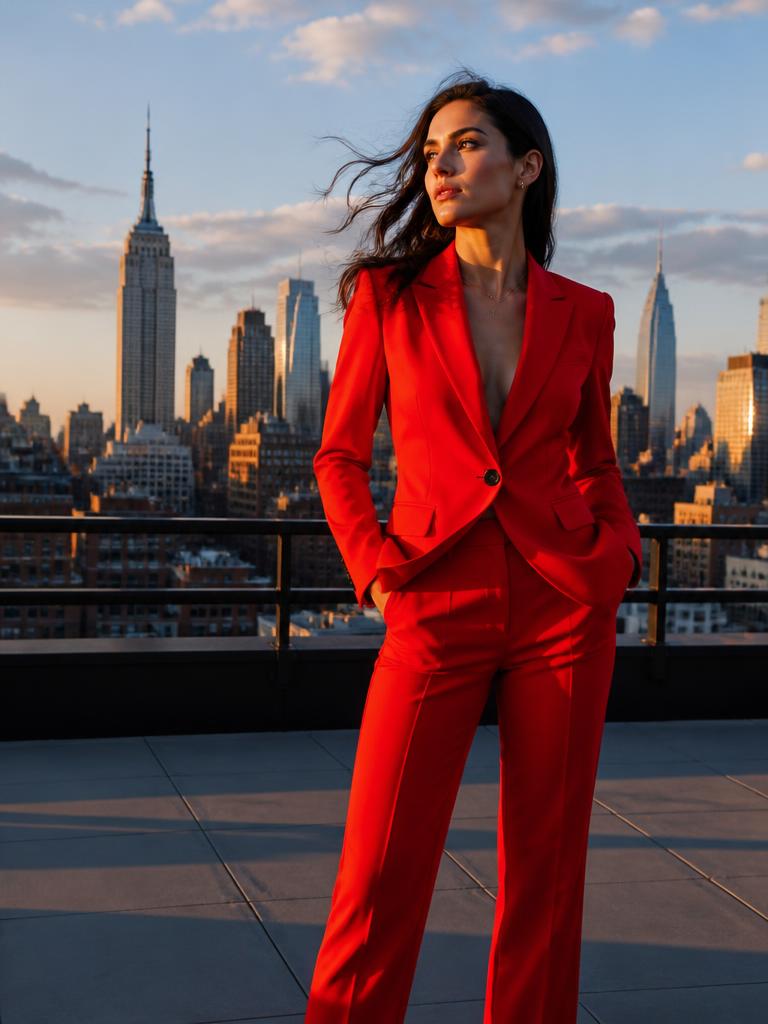 AI Twin example: Bold red suit on a city rooftop at golden hour.