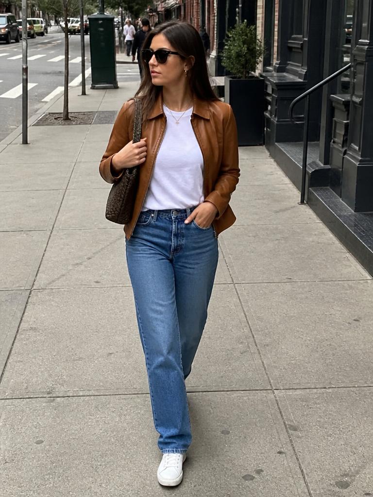 AI Twin example: Straight-leg jeans, white tee, tan leather jacket, city sidewalk.