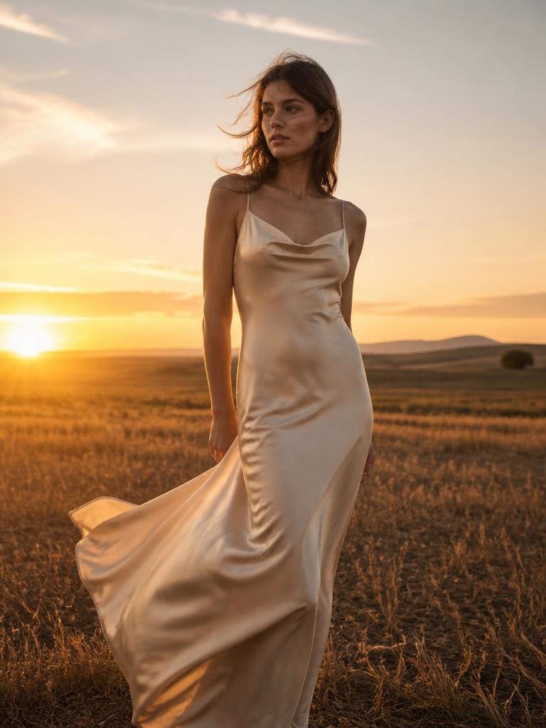 AI Twin example: Champagne satin in an open field at sunset.