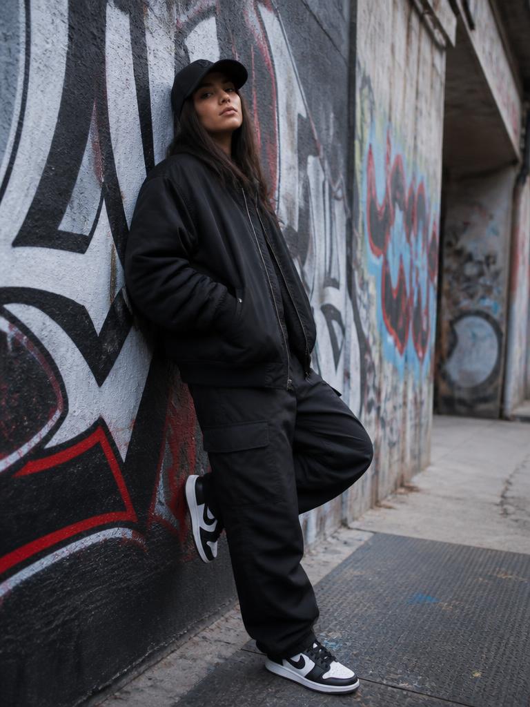 AI Twin example: Bomber, cargos and a cap against a graffiti wall.