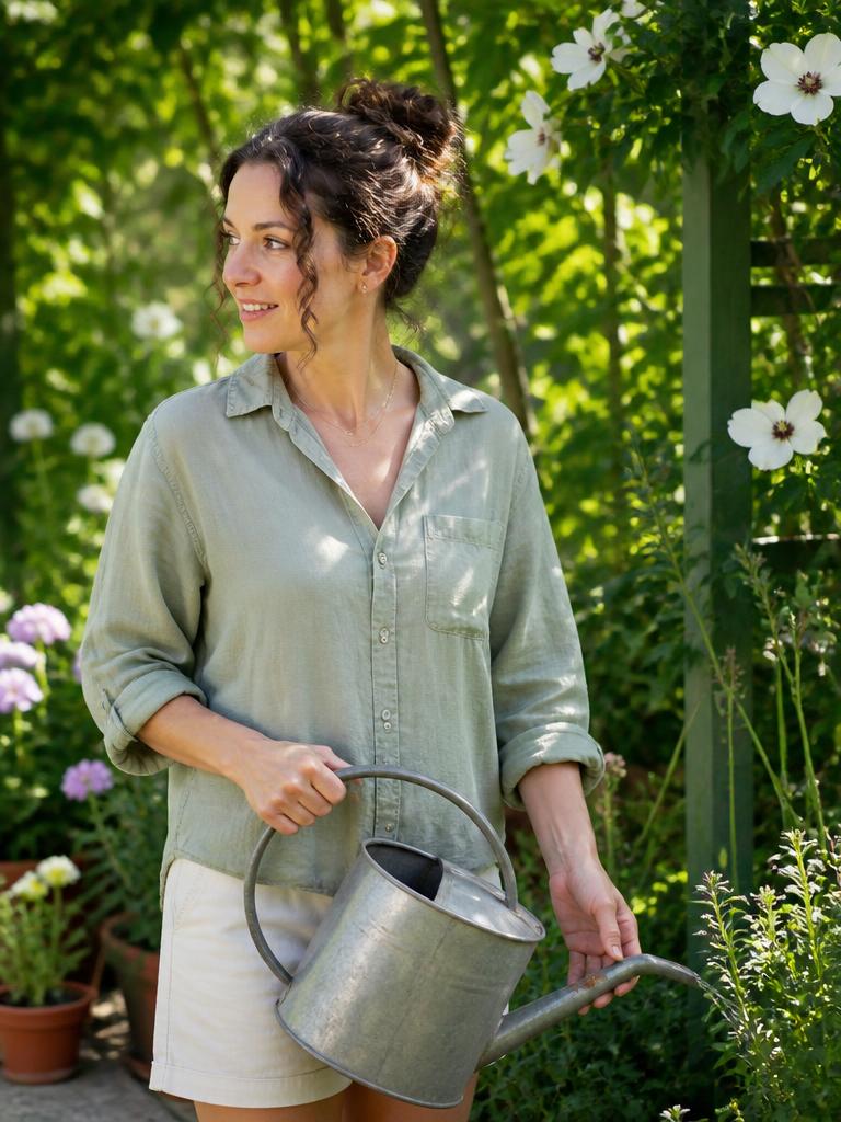 AI Twin example: Sage linen shirt, watering can, dappled morning light.
