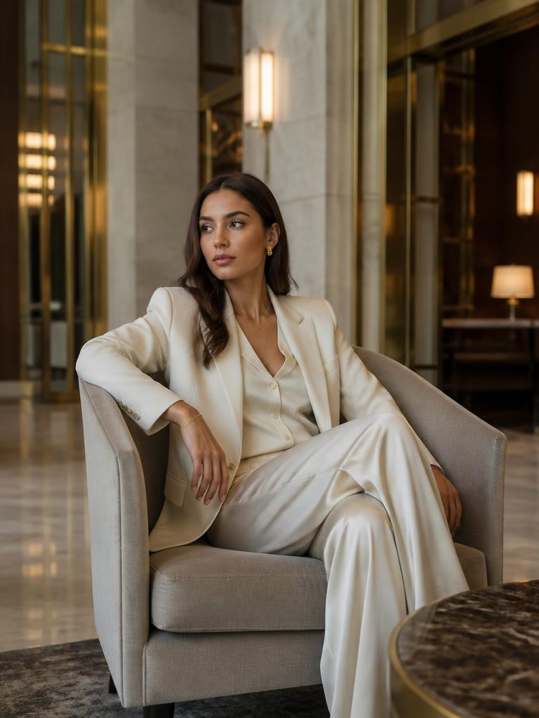 AI Twin example: Cream suit, marble and brass — expensive and effortless.