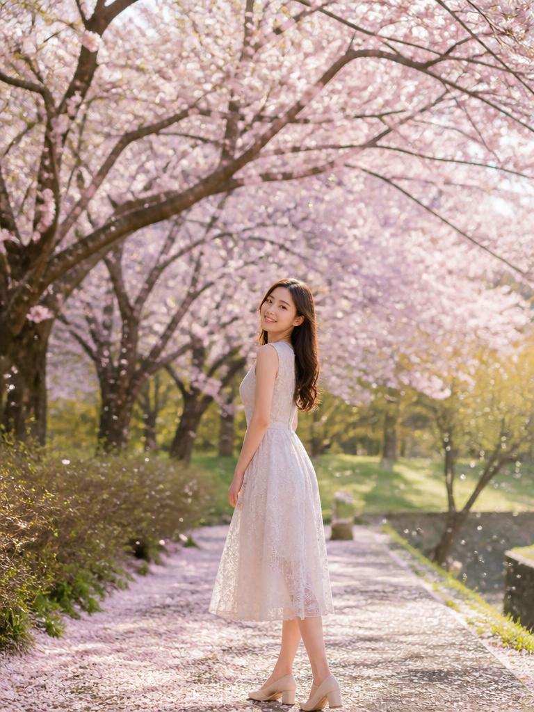 AI Twin example: Pastel midi dress under blossom trees.