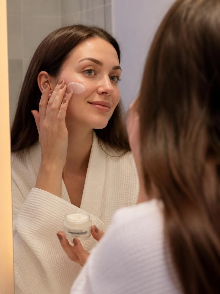 AI Twin example: Applying cream at the bathroom mirror in a white robe.